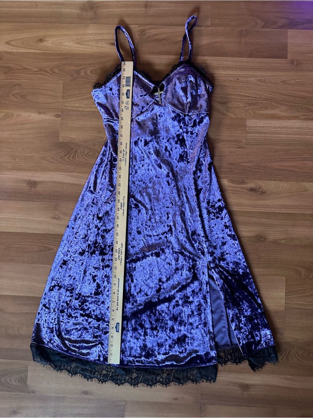 Cosmic Aura Purple Crushed Velvet Midi Slip Dress with Lace Trim Long Sleeved - Picture 7 of 10
